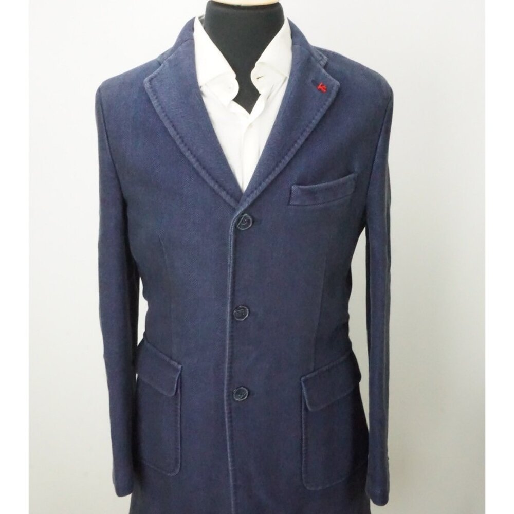 Isaia Napoli Blue Herringbone Woven Cotton Overcoat Jacket Sz 38R BRAND NEW